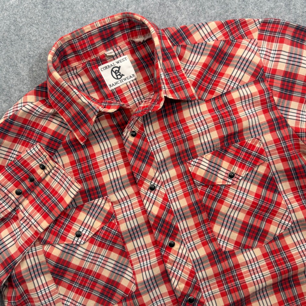 Corral West Ranchwear Mens Red Plaid Pearl Snap Western Shirt Medium Vintage
